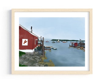 New England Harbor Print, Maine Harbor Print, Boat Wall Art, Lobster Shack Art Print, Ocean Decor, Coastal Maine Art, Lobster Boat Print