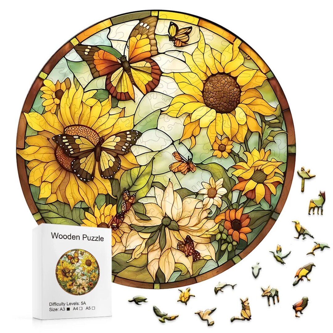 Butterfly and Sunflowers Whimsy Shapes Wooden Jigsaw Puzzle Unique ...