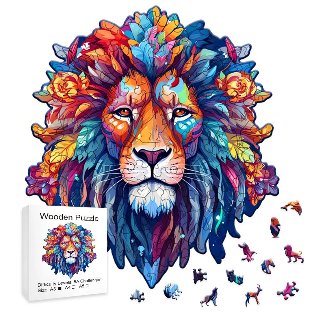 The Colourful Lion Wooden Jigsaw Puzzle Vibrant Colours Whimsy Shapes ...