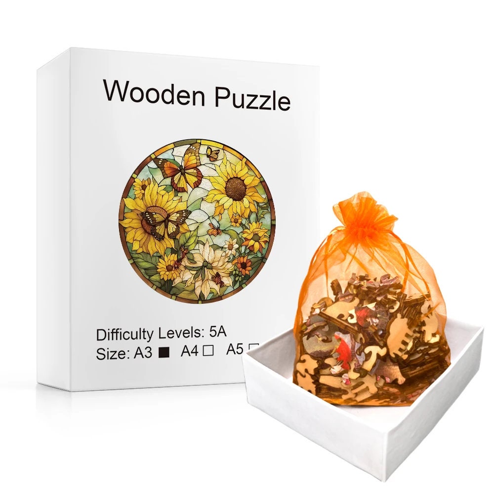 Butterfly and Sunflowers Whimsy Shapes Wooden Jigsaw Puzzle Unique ...