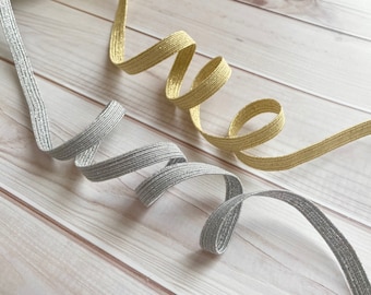 9 mm wide elastic tape with lurex, 0.35 in gold elastic tape, silver elastic ribbon, sparkly elastic tape