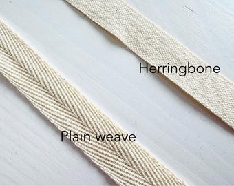 May include: Two samples of white fabric, one with a herringbone weave and the other with a plain weave. The text "Herringbone" and "Plain weave" is written below each sample.