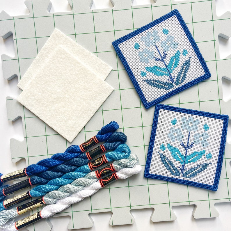 Block Print Flower Needlepoint Coaster Kit 2 or 4 Canvases With Threads