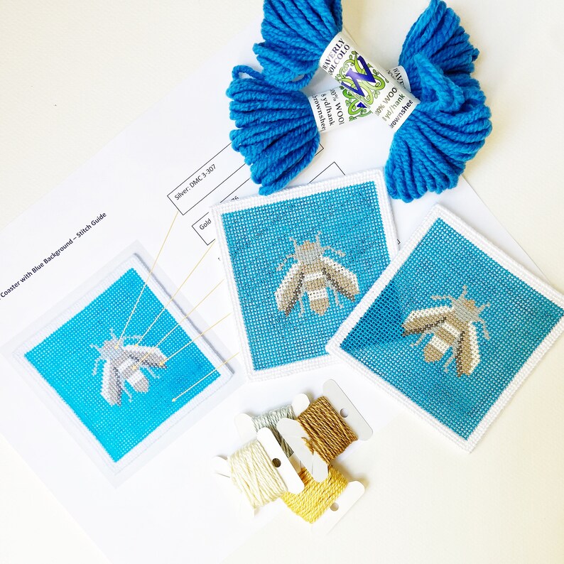 Bumblebee Needlepoint Coaster Kit 2 Canvases With Threads & Finishings