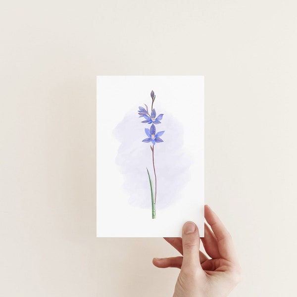 Orchidée bleue, fleur aquarelle, carte fleur bleue, carte de voeux fleur, orchidées, amoureux des plantes, fleurs sauvages, peinture botanique, fête des mères