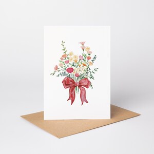 bouquet d'inspiration vintage avec noeud rouge | Amateurs de plantes | Belle carte aquarelle fleurie | par Claire Cain