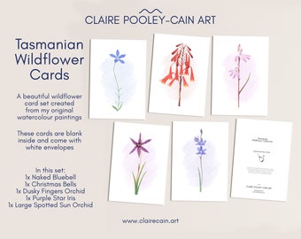 Pack of flowers Cards in 5 Colourful Designs Star Iris, Christmas bells, Spotted Sun Orchid, Dusky Fingers, Naked Bluebell Illustrated Cards