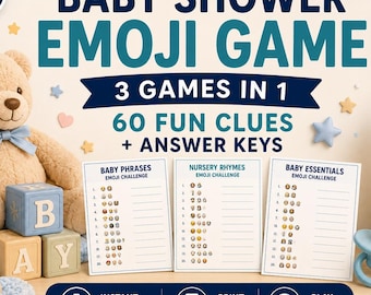 Emoji-Spiel für die Babyparty zum Ausdrucken, Emoji-Pictionary, 3 Spiele, 60 Hinweise, Lösungsblätter, geschlechtsneutrales Babyparty-Spiel