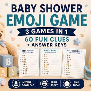 Juego de emojis para baby shower: 3 juegos imprimibles, 60 pistas y respuestas | Descarga digital