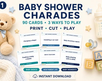 Babyparty-Pantomime zum Ausdrucken, 90 Karten, 3 Spielmodi, Blankokarten, geschlechtsneutrales Babyparty-Spiel