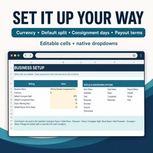 May include: A digital spreadsheet template titled BUSINESS SETUP with editable yellow cells and native dropdowns. The interface displays settings for currency, consignor split, consignment days, and payout terms for a consignment business.