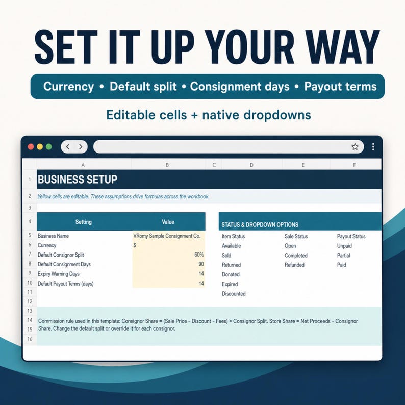 May include: A digital spreadsheet template titled BUSINESS SETUP with editable yellow cells and native dropdowns. The interface displays settings for currency, consignor split, consignment days, and payout terms for a consignment business.