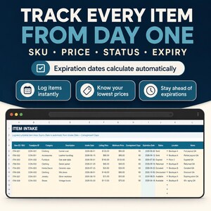 May include: A digital spreadsheet titled ITEM INTAKE displaying columns for SKU, category, description, intake date, pricing, consignment days, expiration date, status, location, and notes. The header text reads TRACK EVERY ITEM FROM DAY ONE.