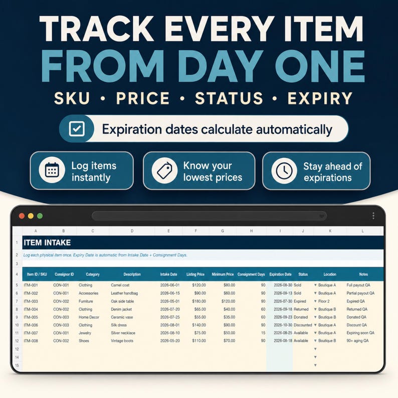 May include: A digital spreadsheet titled ITEM INTAKE displaying columns for SKU, category, description, intake date, pricing, consignment days, expiration date, status, location, and notes. The header text reads TRACK EVERY ITEM FROM DAY ONE.