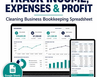 Cleaning Business Bookkeeping Spreadsheet | Income - Expense Tracker, P&L Dashboard for Google Sheets