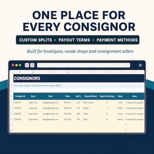 May include: A digital interface displaying a spreadsheet titled CONSIGNORS with columns for ID, Name, Email, Phone, Split %, Payment Method, Payout Terms, Status, and Notes. The text reads ONE PLACE FOR EVERY CONSIGNOR, CUSTOM SPLITS, PAYOUT TERMS, PAYMENT METHODS.