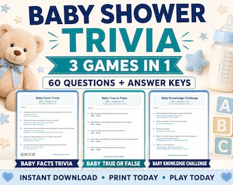 Babyparty-Quizspiel zum Ausdrucken, 3 Spiele, 60 Fragen, Richtig oder Falsch (Baby), Lösungsblätter, geschlechtsneutrale Aktivität