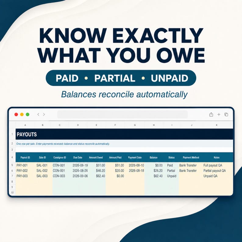 May include: A digital spreadsheet interface titled PAYOUTS displaying columns for Payout ID, Sale ID, Consignor ID, Due Date, Amount Owed, Amount Paid, Payment Date, Balance, Status, Payment Method, and Notes, with text stating KNOW EXACTLY WHAT YOU OWE.