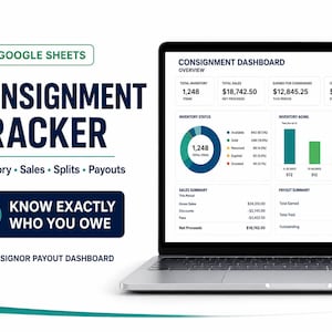 May include: A laptop displaying a Google Sheets Consignment Dashboard with data on inventory, sales, and payouts. The screen shows charts, tables, and financial summaries. Text includes Consignment Tracker, Inventory, Sales, Splits, Payouts, and Know Exactly Who You Owe.