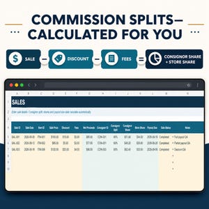 May include: A digital spreadsheet interface displaying a commission calculation formula. The header reads COMMISSION SPLITS&mdash;CALCULATED FOR YOU. Below, a table tracks sales data including Sale ID, Date, Item ID, Price, Discount, Fees, and shares.