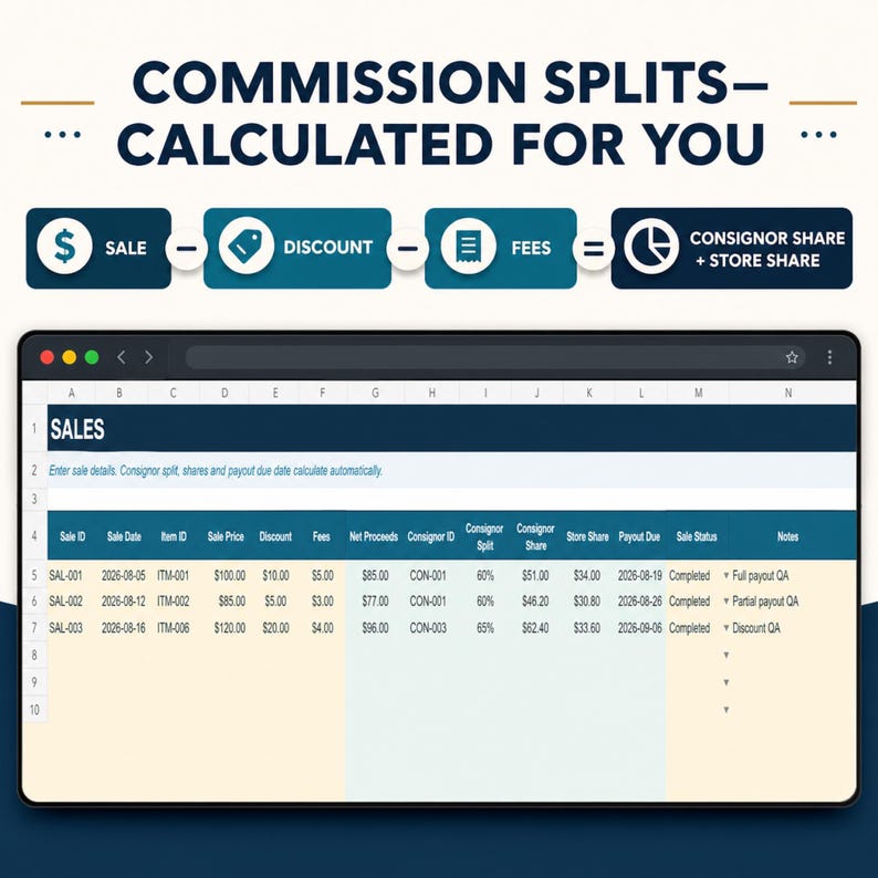 May include: A digital spreadsheet interface displaying a commission calculation formula. The header reads COMMISSION SPLITS&mdash;CALCULATED FOR YOU. Below, a table tracks sales data including Sale ID, Date, Item ID, Price, Discount, Fees, and shares.