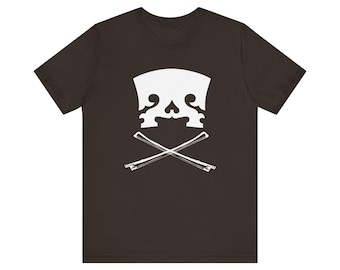 May include: A dark brown t-shirt with a white graphic. The graphic is a violin bridge and crossed bows, styled like a skull and crossbones. The design is centered on the front of the shirt.