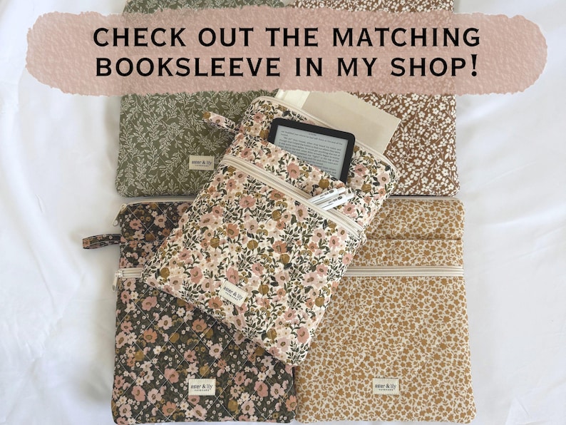 May include: A collection of quilted fabric pouches with floral patterns in olive, brown, black, and mustard yellow. Each pouch features a zip, a small label reading aster & lily, and text stating CHECK OUT THE MATCHING BOOKSLEEVE IN MY SHOP!