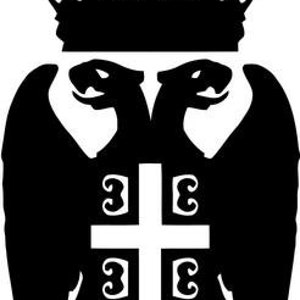 May include: Black and white illustration of a double-headed eagle with a crown above it. The eagle is holding a cross with a stylized design.