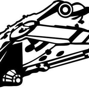 May include: Black and white illustration of a spaceship, possibly a Star Wars X-Wing fighter, in a tilted position.