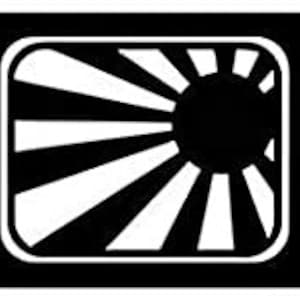 May include: Black and white sticker of a band-aid with a rising sun design in the center.
