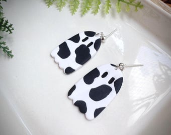 Cow Print Ghost Polymer Clay Earrings | Halloween Cow Ghosts | Fall Clay Earring