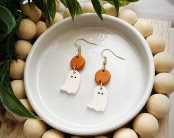 Ghost Dangle Polymer Clay Earring/Halloween Ghost Dangle Earring/Fall Clay Earring/White Ghost Clay Earring/Small Halloween Earring