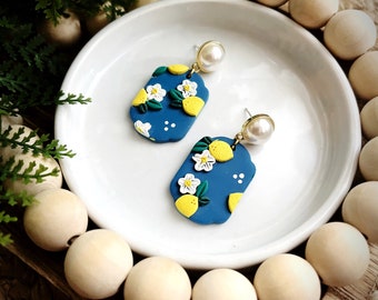 Josie | Lemon Flower Clay Earrings / Navy Lemon Polymer Clay Earrings / Summer Lemon Yellow Earrings