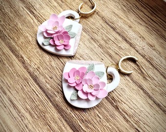 Pastel Floral Teacup Earring | Flower Mug Dangle Earring | Pink Floral Tea Mug Earring