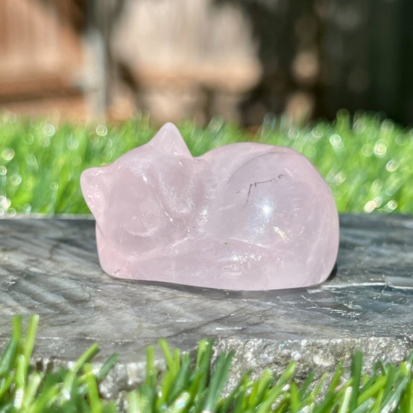 1 1/2" Small Rose Quartz Sleeping Cat Carving, Rose Quartz Kitten Figurine (32gr. / 1.1oz.)