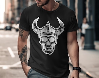 Camiseta con calavera vikinga, camiseta de mitología nórdica, camiseta con arte de guerrero nórdico, ropa vikinga gótica, regalo vikingo berserker, camiseta gráfica unisex