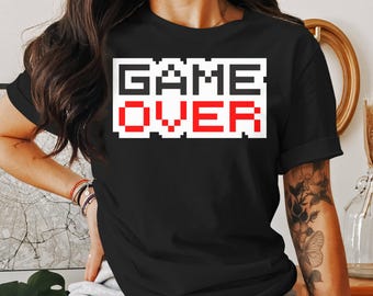 Camiseta retrô Game Over - Camiseta gráfica de jogador - Camiseta clássica de videogame - Roupa casual unissex - Ideia de presente geek