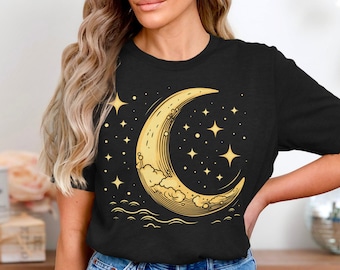 Crescent Moon Celestial Night Sky Yoga T-Shirt - Gold Mond Phase Grafik Tee