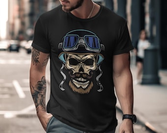 Retro Skull Biker T-Shirt - Vintage Edgy Bart Grafik T-Shirt für Männer