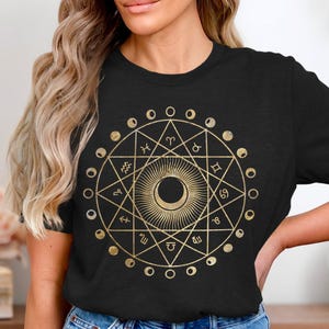 Astrology Wheel Yoga T-Shirt, Zodiac Celestial Symbols Graphic Tee, Horoscope Shirt