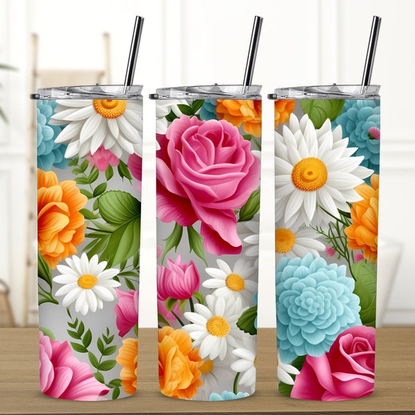 3d Flower Tumbler, colorful daisy, rose and peony flowers, Birthday Gift, 20oz Tumbler, Tumbler with lid and straw