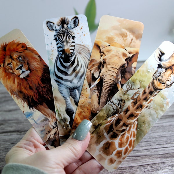 Wild animal bookmarks, Handmade Elephant, Zebra, Giraffe or Lion individual or set of 4 laminated bookmarks, Gift for book lover and readers