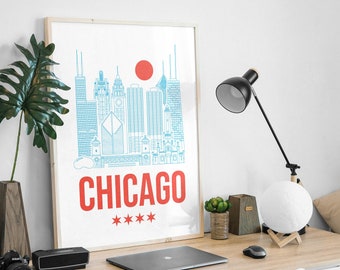 Póster ilustrado digital del horizonte de Chicago