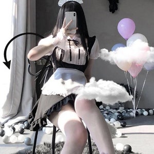 Gothic Sexy Cute Lace Up Black and White Maid Dress, Role Play Costume Transparent Chiffon, Cosplay Anime Uniform Temptation Suit