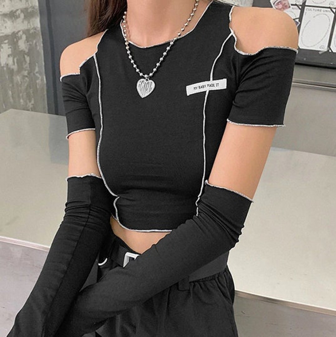 Buy Gothic Style Patchwork Black T-shirts Dark E-girl Open Online