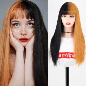 Orange Black Goth Synthetic Hair Bicolor Wig, Long Straight hair Cosplay Wig, Two Tone Color Women Wigs, 24 inches long straight hair Wig