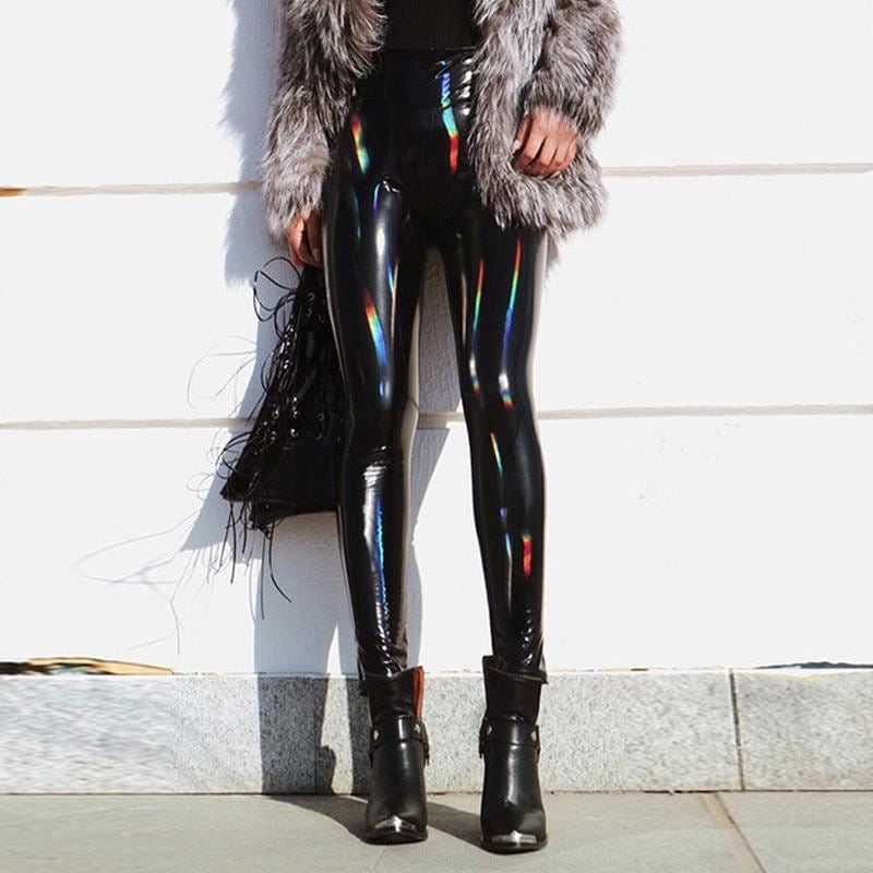 Woman RAINBOW Wet Look Leggings/ Black PVC Gothic Leggings