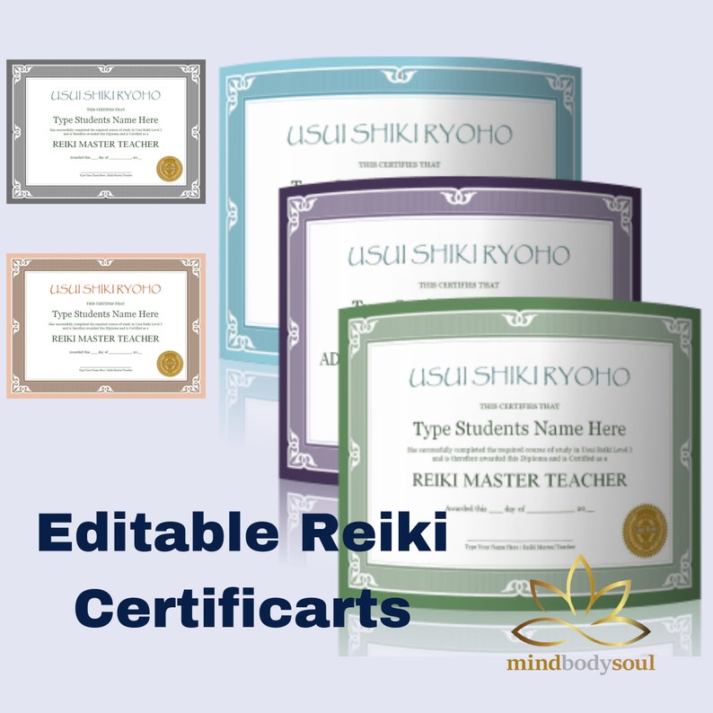 Editable 
Reiki I,II,III Certificates
SetsEditable Reiki I,II, III Downloadable, 
Printable  Manuals, 
Brand With Your Details. Reiki Level I, II and III ~ Complete Reiki Master Training Set ~ Everything you need to Learn & Teach Reiki UpTo Level 3