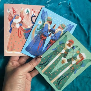 3 cartes de voeux fées magiques pour le solstice d'hiver - sorcière des fêtes de fées d'hiver