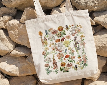 Vintage Botanical Floral Tote Bag, Wild Flower Tote Bag, Cottagecore Goblincore Bag, Retro Flower Tote Bag,  Natural Eco-Friendly Tote Bag
